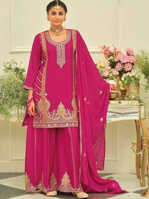 women ethnic motifs embroidered regular thread work kurta with sharara & with dupatta 1
