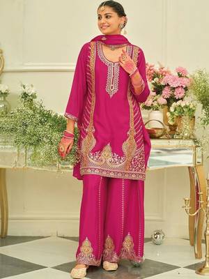 women ethnic motifs embroidered regular thread work kurta with sharara & with dupatta 3