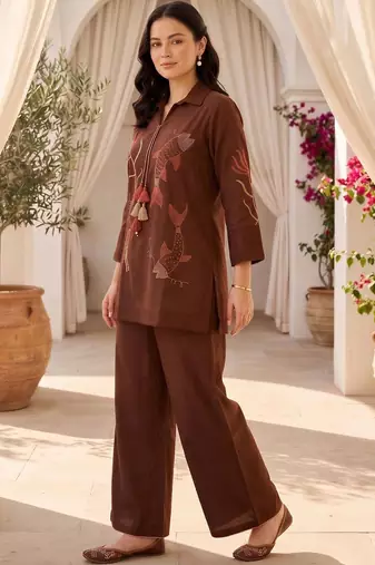 women ethnic motifs embroidered regular thread work cotton kurta with palazzos
