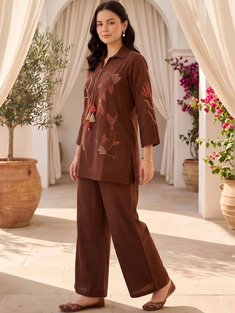 women ethnic motifs embroidered regular thread work cotton kurta with palazzos