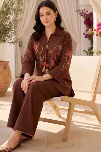 women ethnic motifs embroidered regular thread work cotton kurta with palazzos
