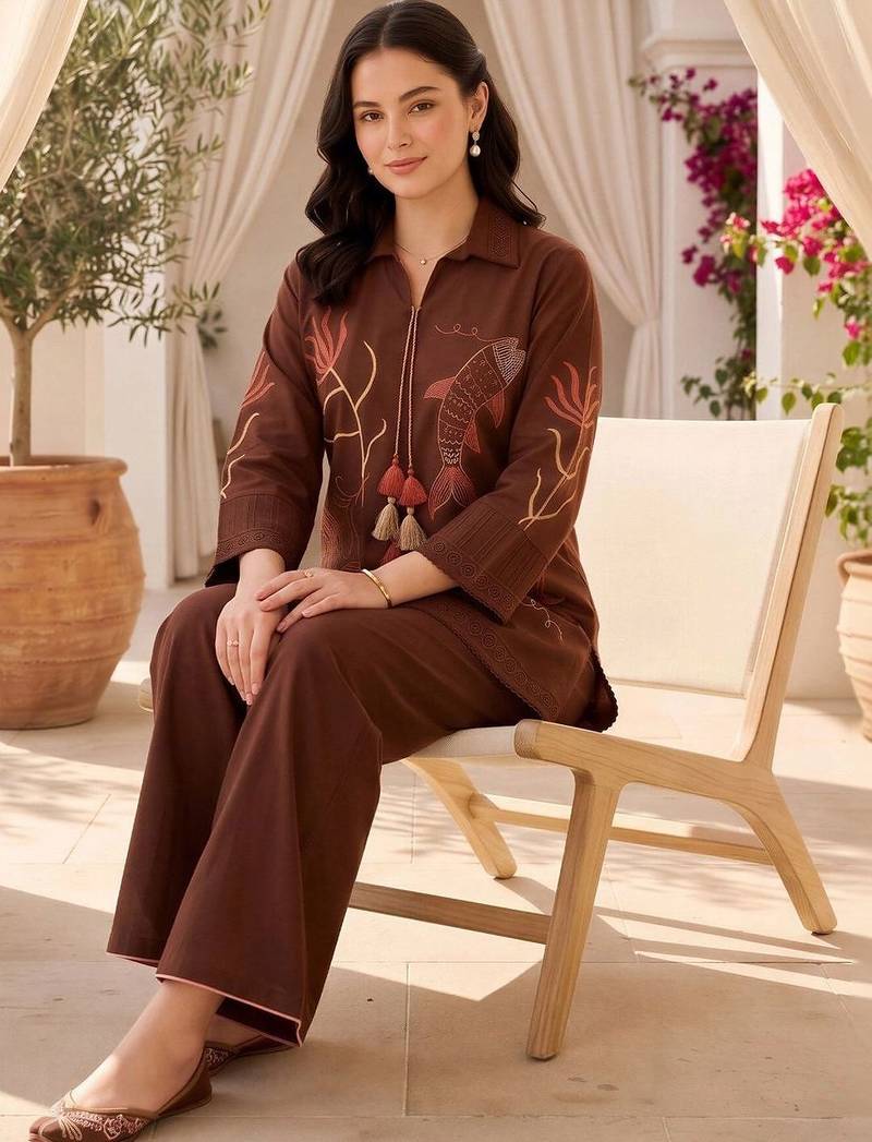 women ethnic motifs embroidered regular thread work cotton kurta with palazzos