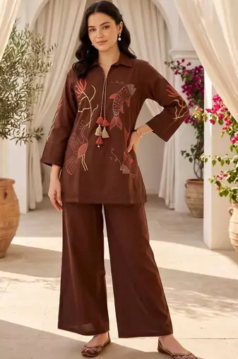 women ethnic motifs embroidered regular thread work cotton kurta with palazzos