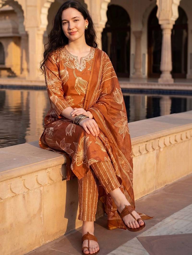 women floral printed regular thread work kurta with trousers & with dupatta