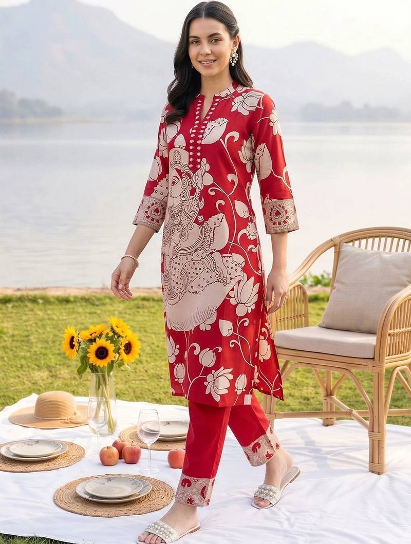 women ethnic motifs printed regular cotton kurta with trousers