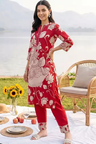 women ethnic motifs printed regular cotton kurta with trousers