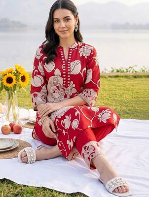 women ethnic motifs printed regular cotton kurta with trousers 5
