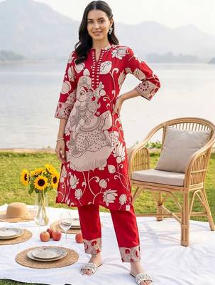 women ethnic motifs printed regular cotton kurta with trousers 6
