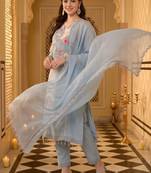 women ethnic motifs embroidered regular thread work kurta with trousers & with dupatta
