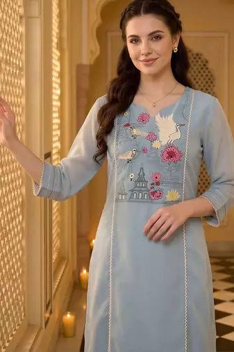 women ethnic motifs embroidered regular thread work kurta with trousers & with dupatta