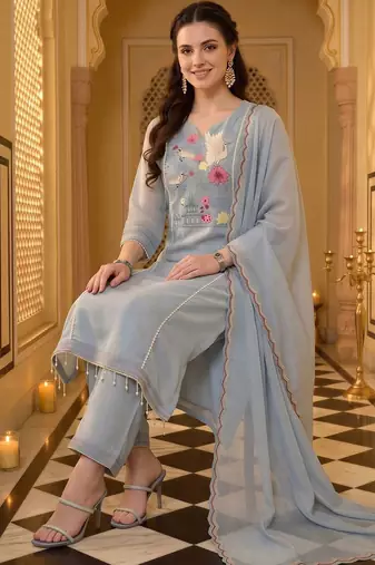 women ethnic motifs embroidered regular thread work kurta with trousers & with dupatta