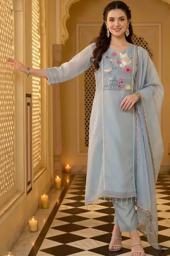 women ethnic motifs embroidered regular thread work kurta with trousers & with dupatta