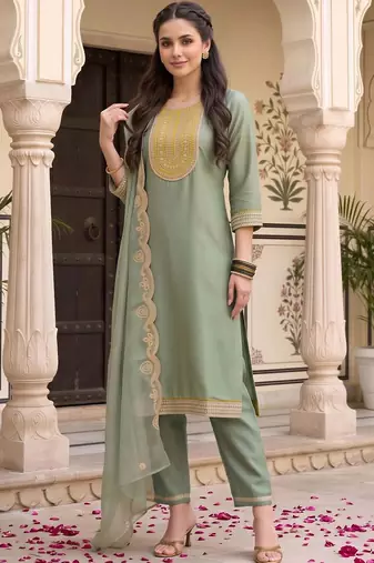 women ethnic motifs embroidered regular sequinned kurta with trousers & with dupatta