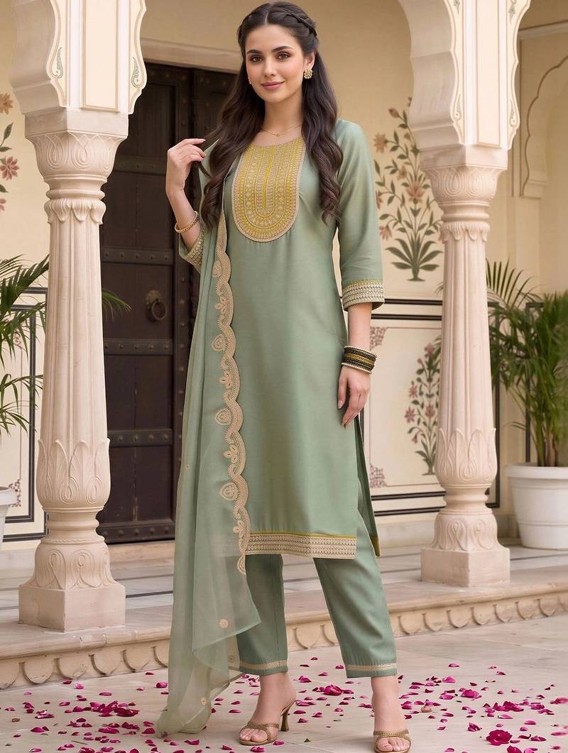 women ethnic motifs embroidered regular sequinned kurta with trousers & with dupatta