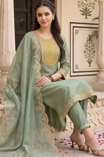 women ethnic motifs embroidered regular sequinned kurta with trousers & with dupatta