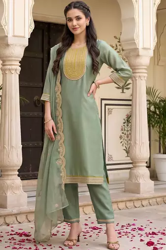 women ethnic motifs embroidered regular sequinned kurta with trousers & with dupatta