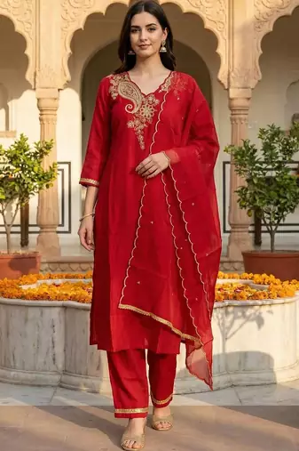 women ethnic motifs embroidered regular liva kurta with trousers & with dupatta