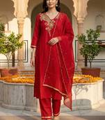 women ethnic motifs embroidered regular liva kurta with trousers & with dupatta