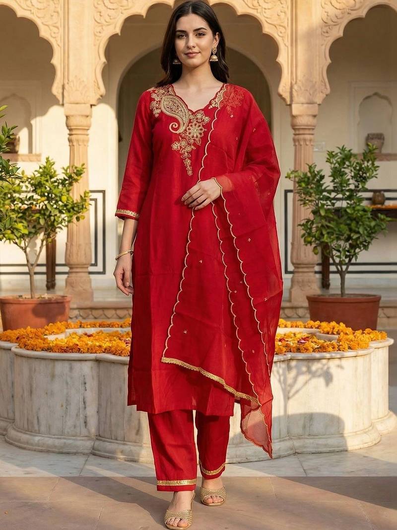 women ethnic motifs embroidered regular liva kurta with trousers & with dupatta