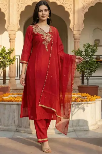 women ethnic motifs embroidered regular liva kurta with trousers & with dupatta