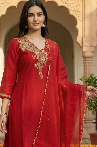 women ethnic motifs embroidered regular liva kurta with trousers & with dupatta