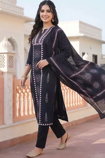 women ethnic motifs printed regular cotton kurta with trousers & with dupatta