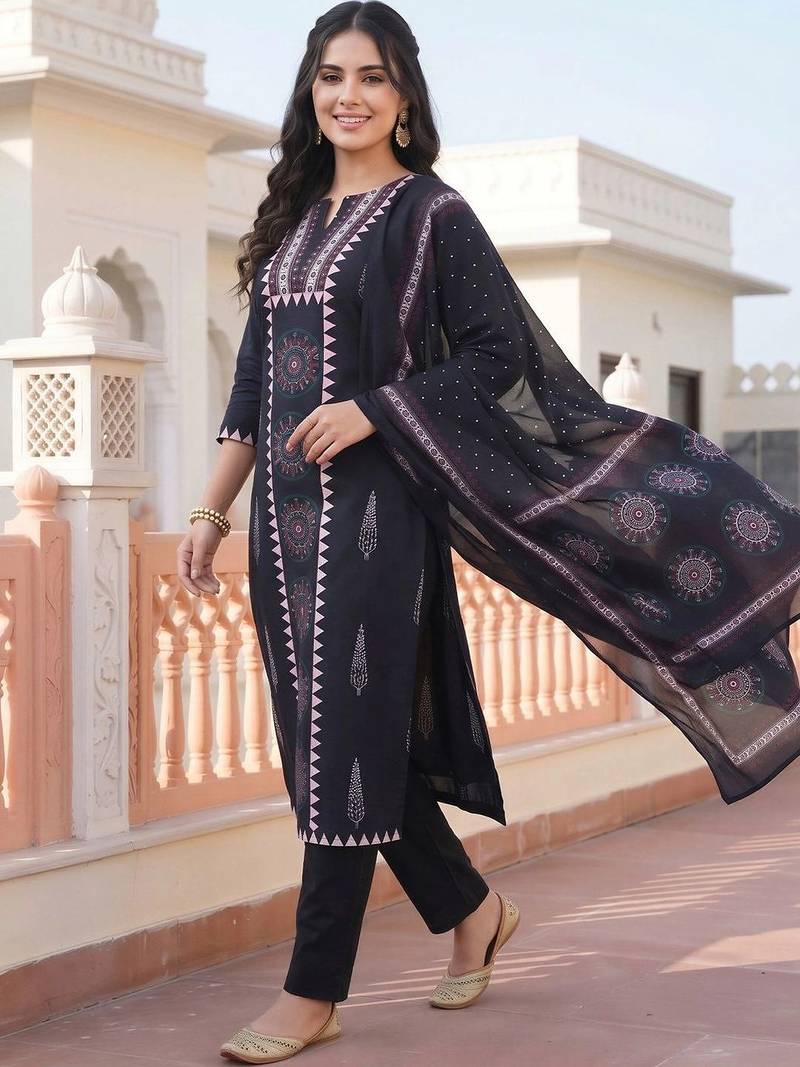 women ethnic motifs printed regular cotton kurta with trousers & with dupatta