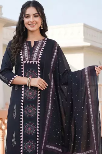 women ethnic motifs printed regular cotton kurta with trousers & with dupatta
