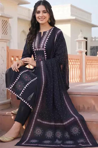 women ethnic motifs printed regular cotton kurta with trousers & with dupatta