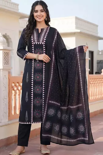women ethnic motifs printed regular cotton kurta with trousers & with dupatta