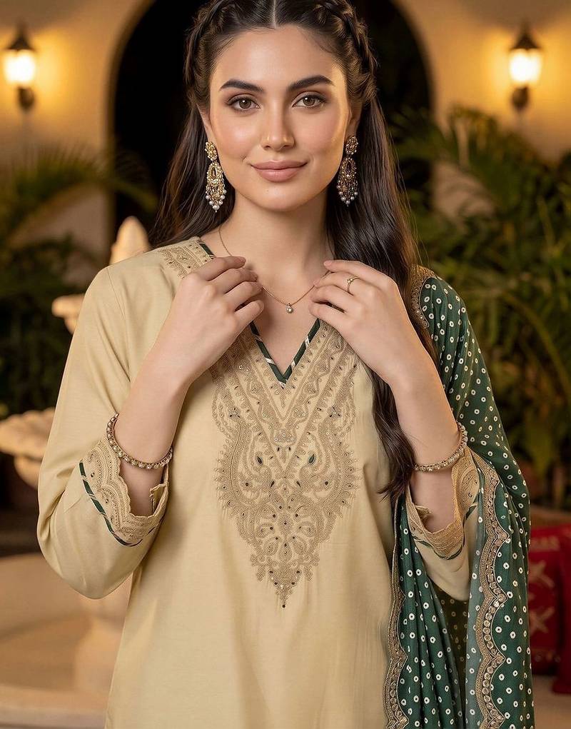 women ethnic motifs embroidered regular thread work kurta with trousers & with dupatta