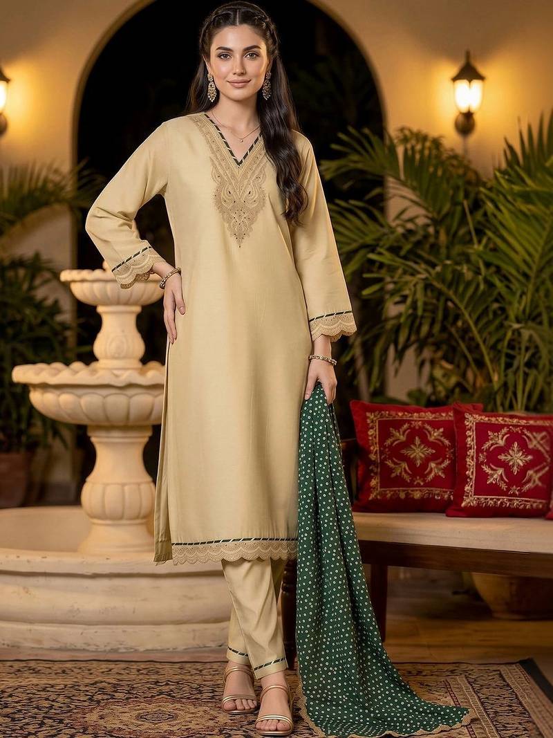 women ethnic motifs embroidered regular thread work kurta with trousers & with dupatta