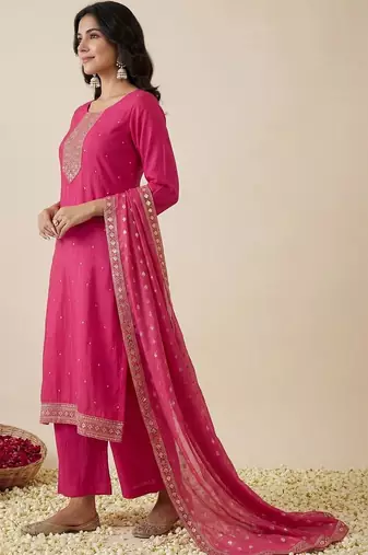 women ethnic motifs embroidered regular kurta with trousers & with dupatta