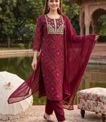 women ethnic motifs printed regular thread work kurta with trousers & with dupatta