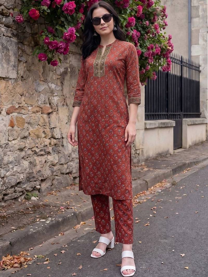 women ethnic motifs printed regular thread work cotton kurta with trousers