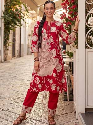 women ethnic motifs printed regular cotton kurta with trousers 1