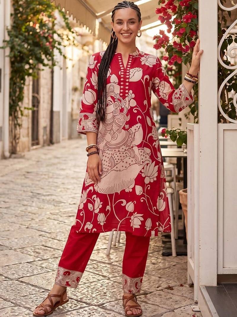 women ethnic motifs printed regular cotton kurta with trousers