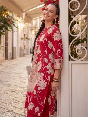 women ethnic motifs printed regular cotton kurta with trousers 2