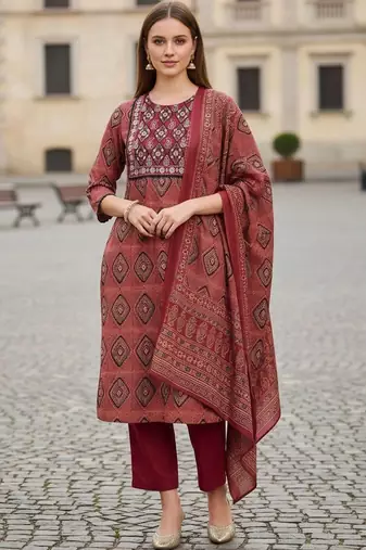 women ethnic motifs printed regular cotton kurta with trousers & with dupatta