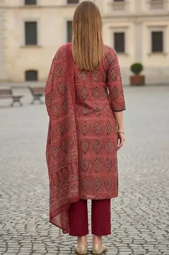 women ethnic motifs printed regular cotton kurta with trousers & with dupatta