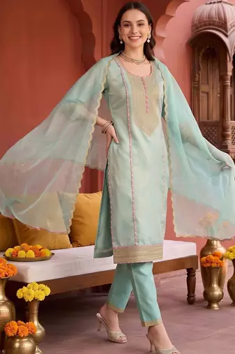 women ethnic motifs embroidered regular kurta with trousers & with dupatta
