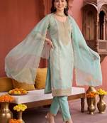 women ethnic motifs embroidered regular kurta with trousers & with dupatta
