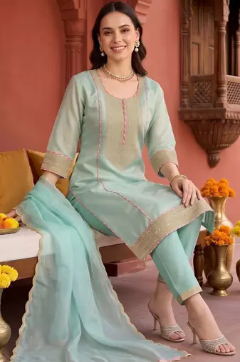 women ethnic motifs embroidered regular kurta with trousers & with dupatta