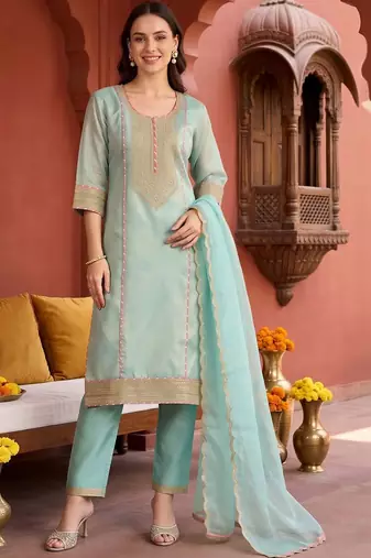 women ethnic motifs embroidered regular kurta with trousers & with dupatta