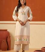 women ethnic motifs embroidered regular thread work cotton kurta with trousers