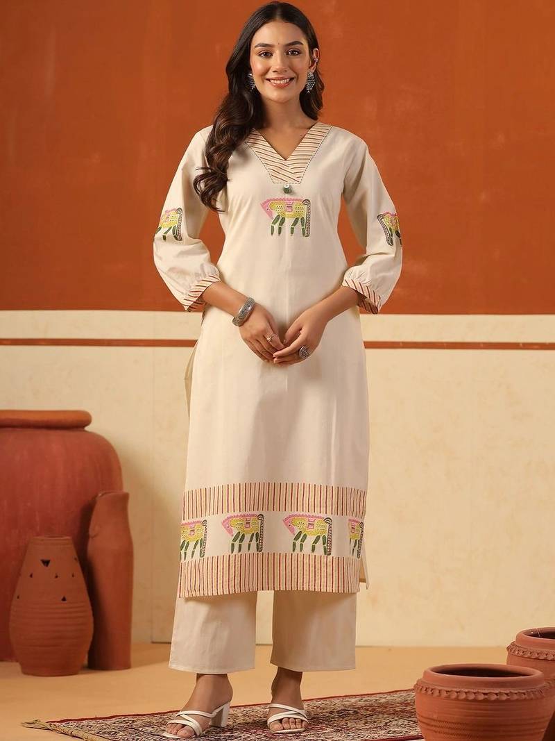 women ethnic motifs embroidered regular thread work cotton kurta with trousers