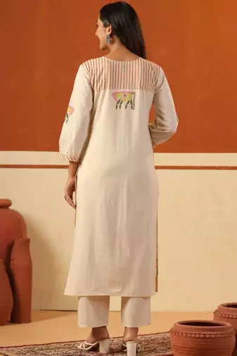 women ethnic motifs embroidered regular thread work cotton kurta with trousers