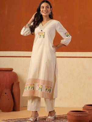 women ethnic motifs embroidered regular thread work cotton kurta with trousers 6