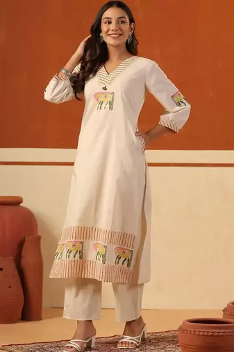 women ethnic motifs embroidered regular thread work cotton kurta with trousers