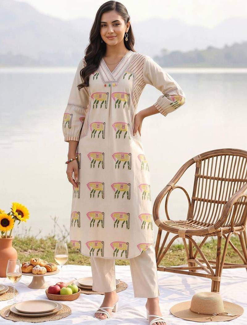 women ethnic motifs printed regular cotton kurta with trousers